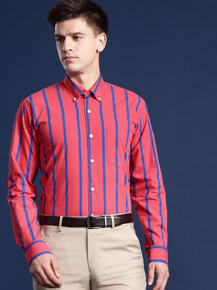 Men Coral Striped Pure Cotton Slim Fit Formal Shirt