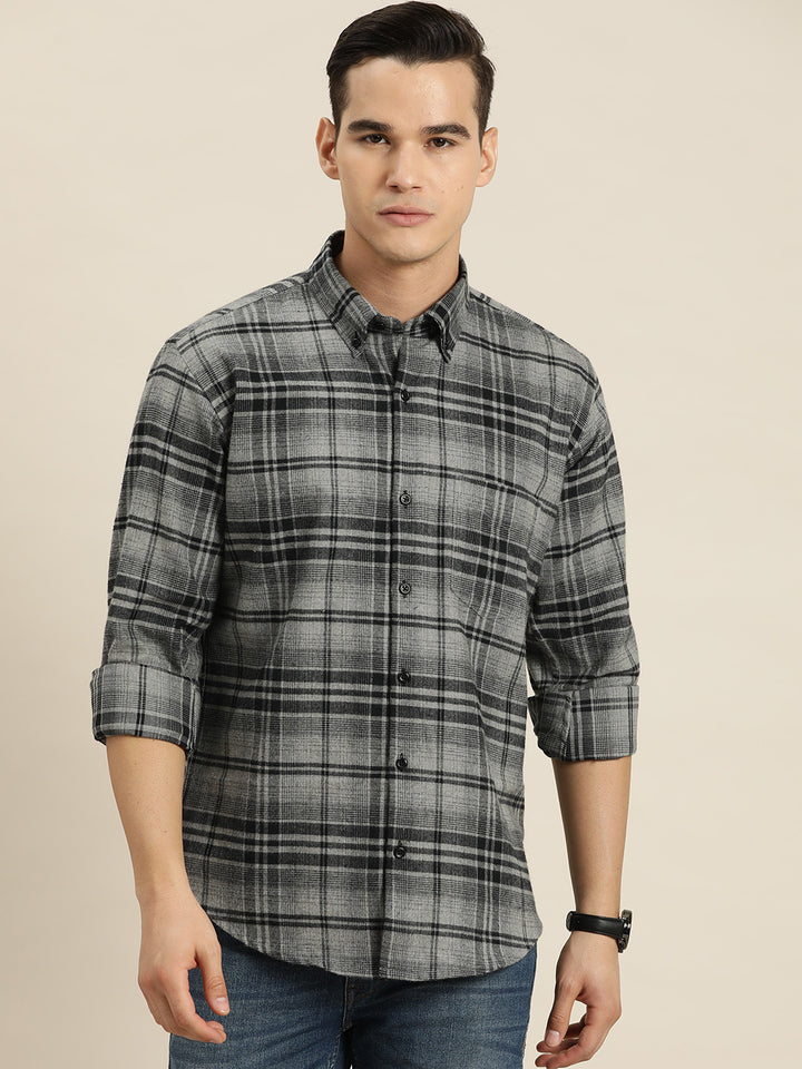 Men Grey & Black Checks Pure Cotton Slim fit Casual Shirt