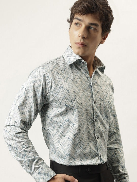 Men White & Blue Cotton Satin Herringbone Printed Slim Fit Party  Shirt