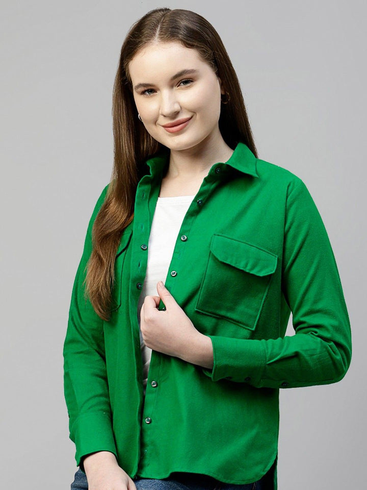 Hancock Women Green Solid Pure Cotton Relaxed Fit Casual Shirt