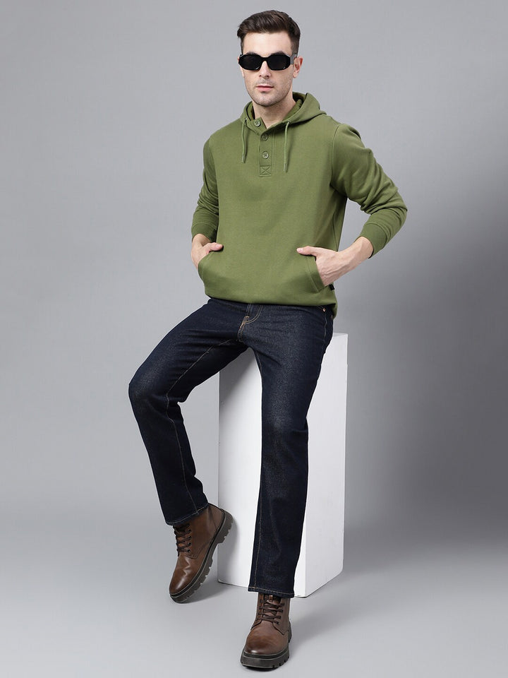 Men Olive Solid Half Button Placket Long Sleeves Fleece Hooded Sweatshirt