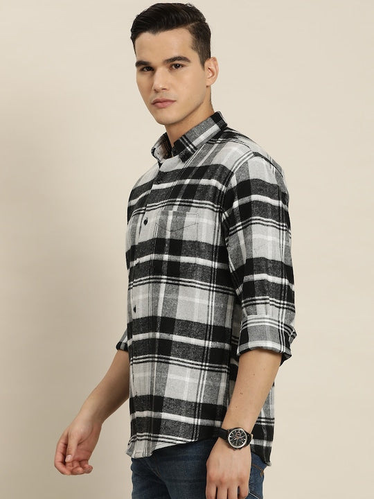 Men Black & White Checks Pure Cotton Slim fit Casual Shirt