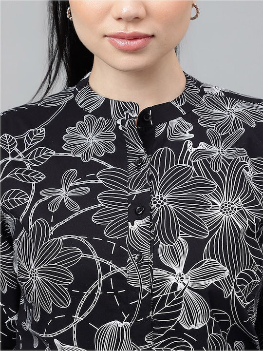 Women Black  Floral Printed Pure Cotton Long sleeve Regular Fit Formal Top