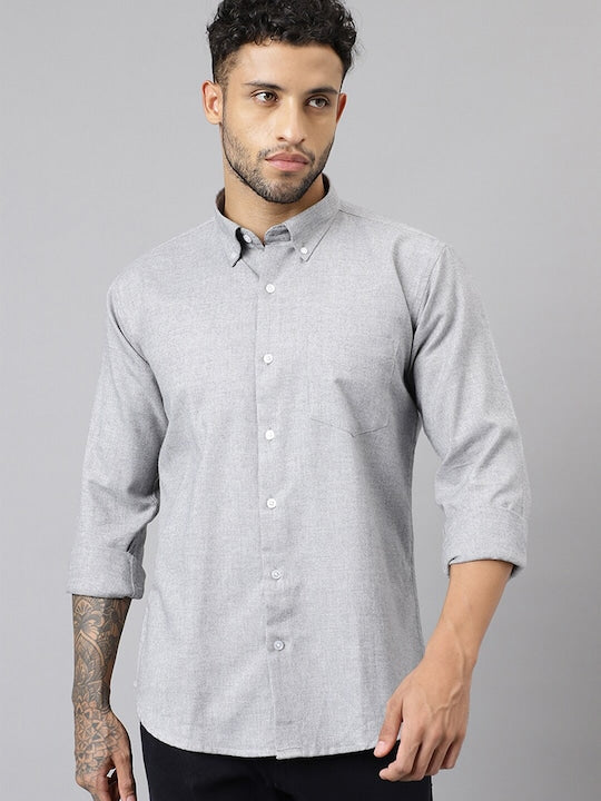 Grey Melange Solid Plaided Flannel Pure Cotton Slim Fit Casual Shirt