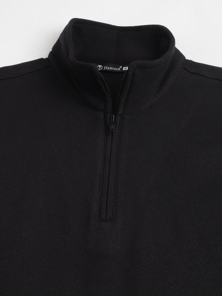 Men Black Solid Half Zipper Long Sleeves Fleece Sweatshirt