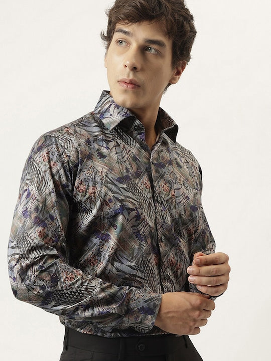 Men Grey & Multi Cotton Satin Abstract Digital Printed Slim Fit Party Shirt