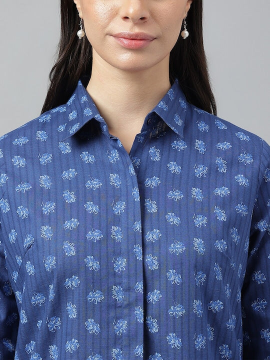 Women Blue Prints Pure Cotton Regular Fit Formal Shirt