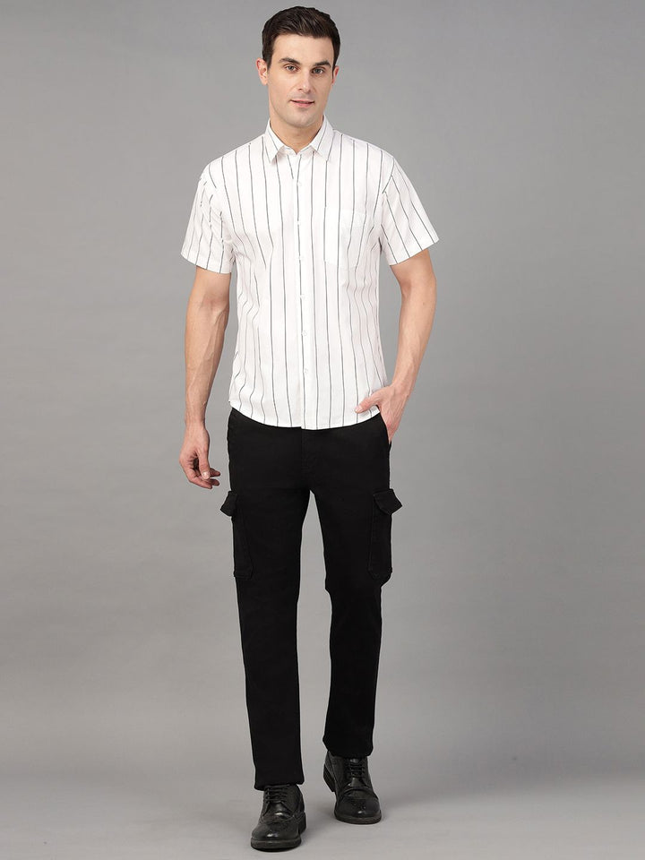 Hancock Men White Stripe Pure Cotton Slim Fit Casual Shirt