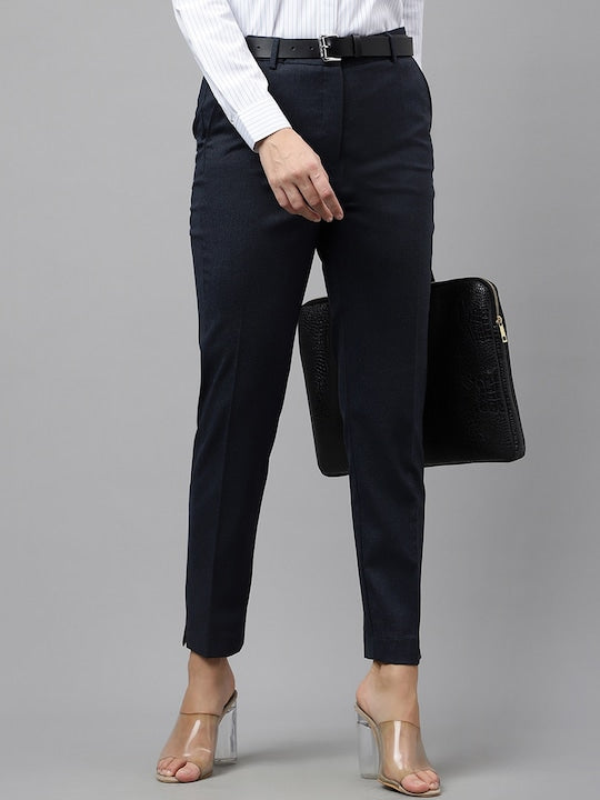 Hancock Women Navy Blue Self Design Flat- Front Ciggarate Fit Formal Trouser