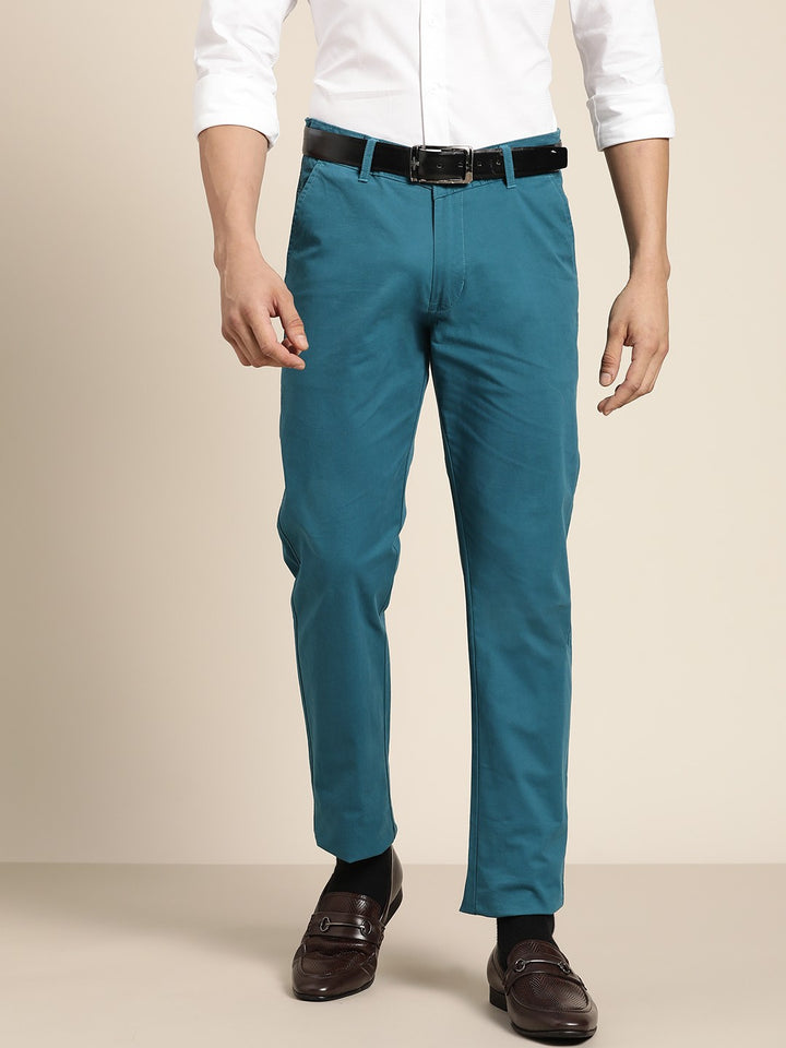 Men Turquoise Blue Solid Pure Cotton Slim Fit Formal Trouser