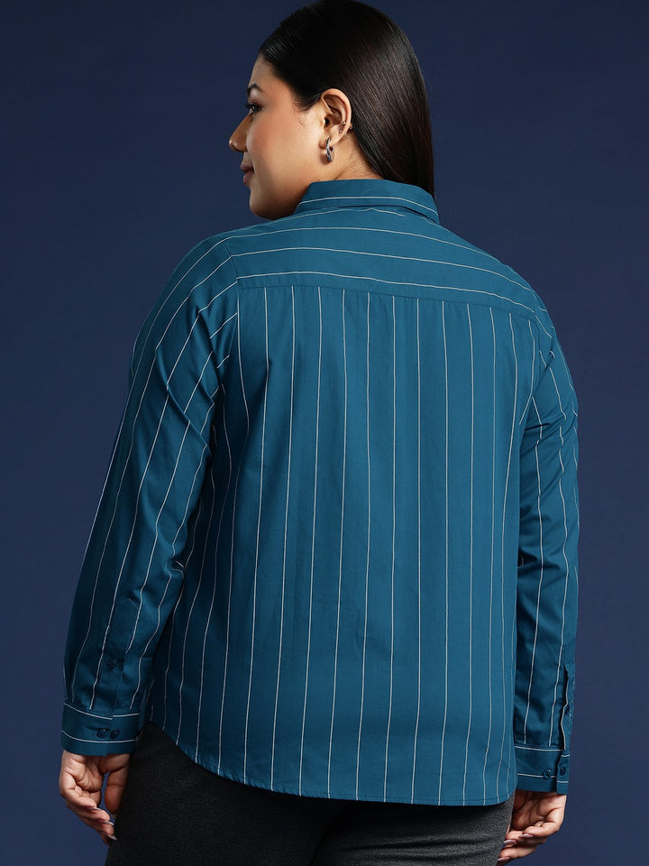 Women Turquoise Stripes Pure Cotton Plus Size Formal Shirt
