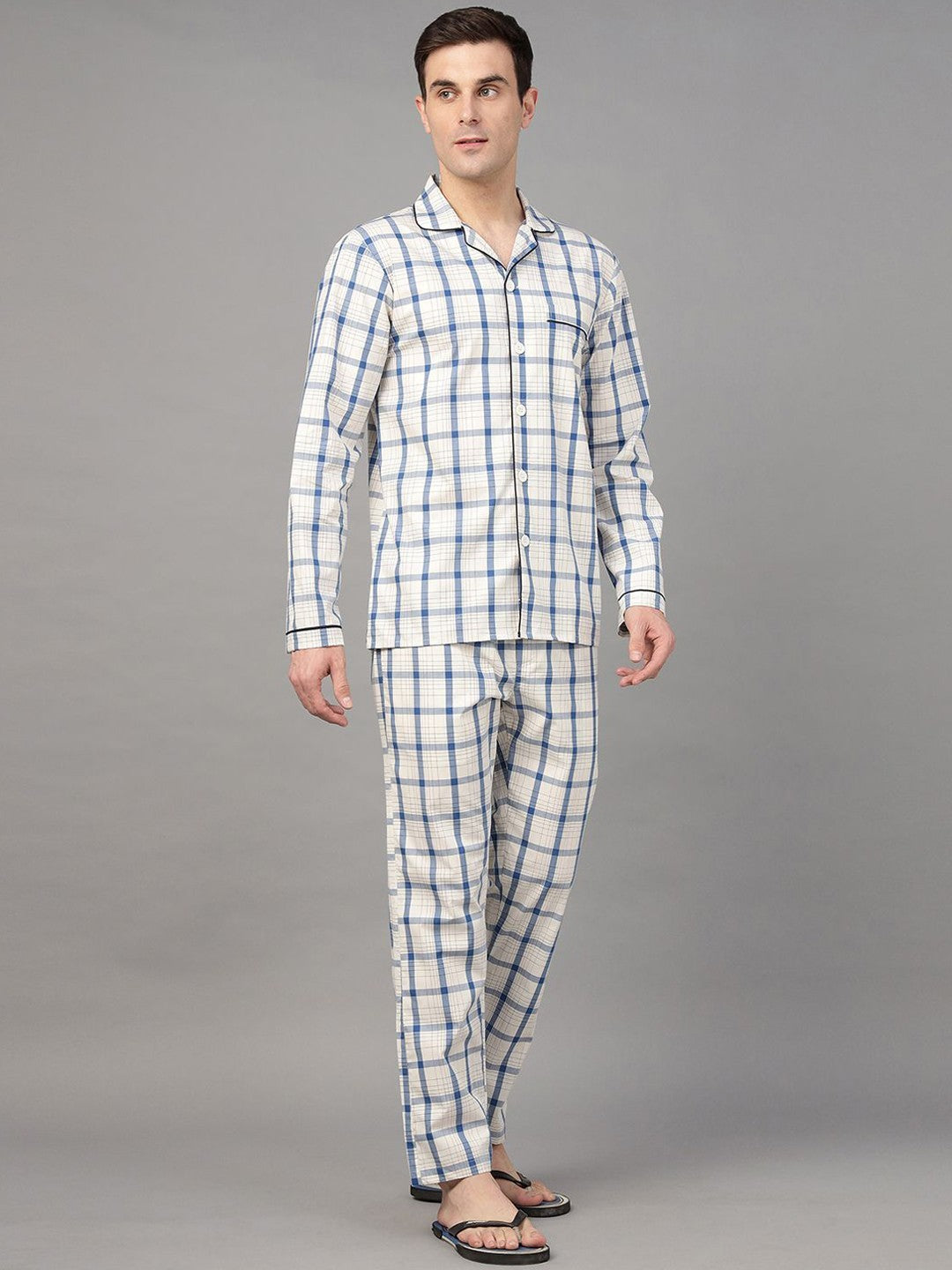 Hancock Men Cream & Blue Check Pure Cotton Relaxed Fit Night Wear Night Suit