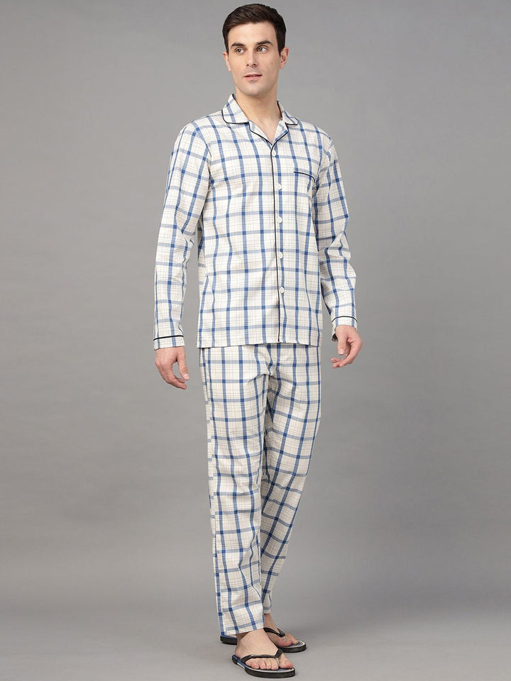 Hancock Men Cream & Blue Check Pure Cotton Relaxed Fit Night Wear Night Suit