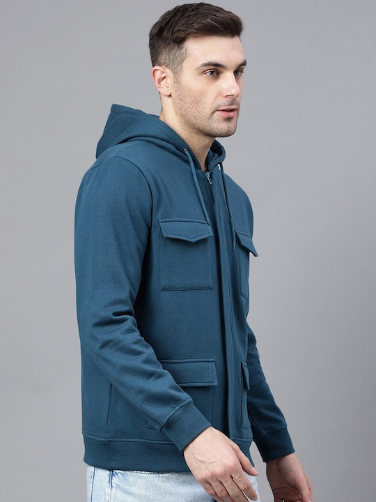 Men Turquoise Blue Solid Full Zipper Cargo Pocket Long Sleeves Fleece Hooded Sweatshirt