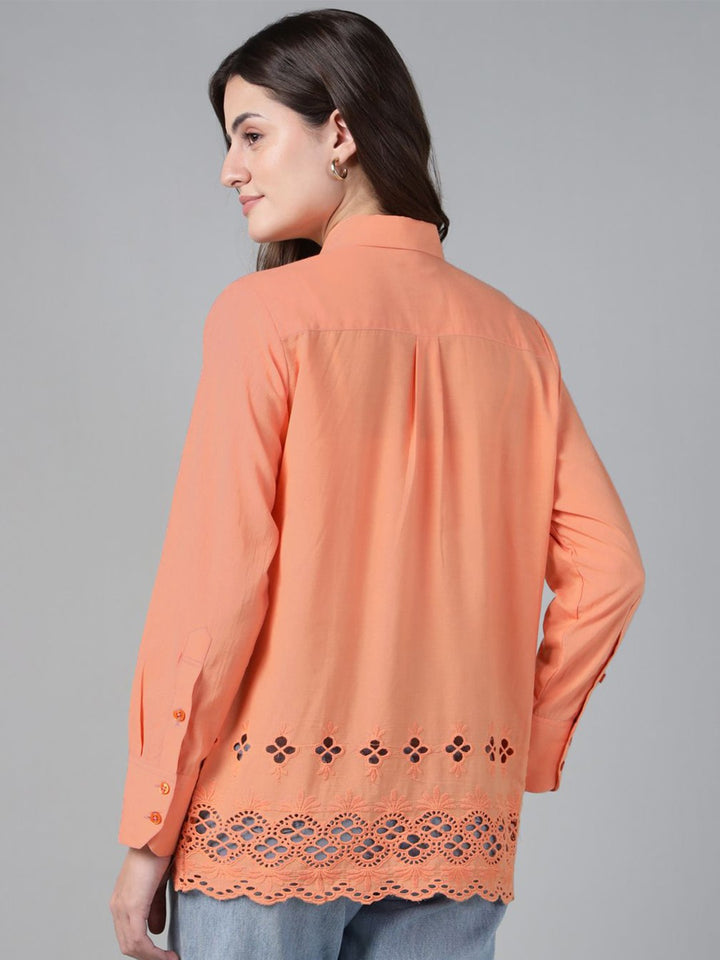 Hancock Women Orange Solid Schiffli Pure Cotton Relaxed Fit Casual Shirt
