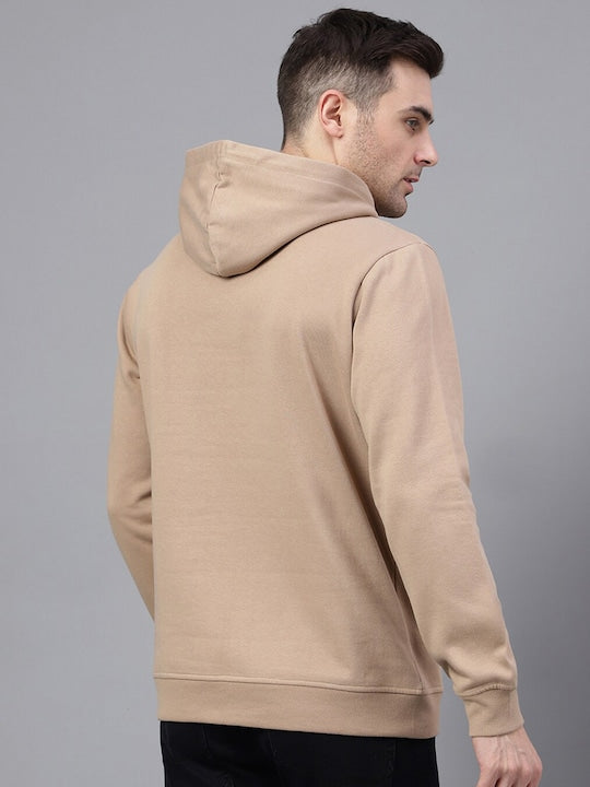 Men Beige Solid Half Button Placket Long Sleeves Fleece Hooded Sweatshirt