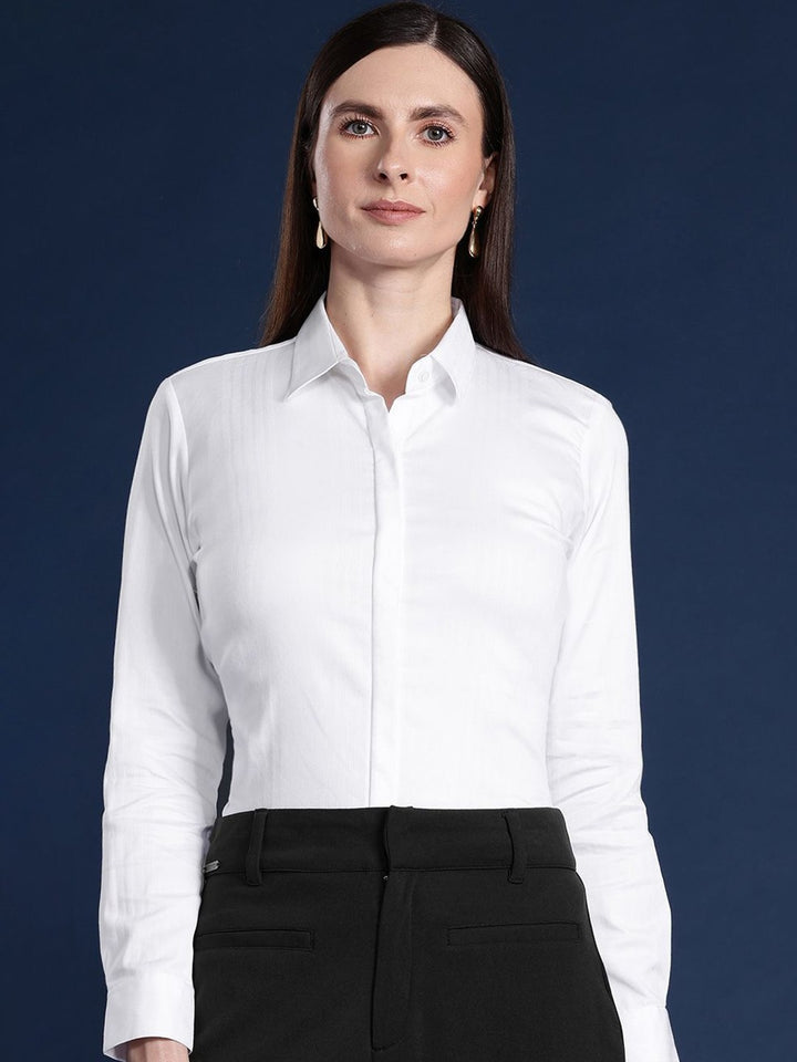 Women White Solid Self Design, Pure Cotton Stretchable Wrinkle Free Formal Shirt