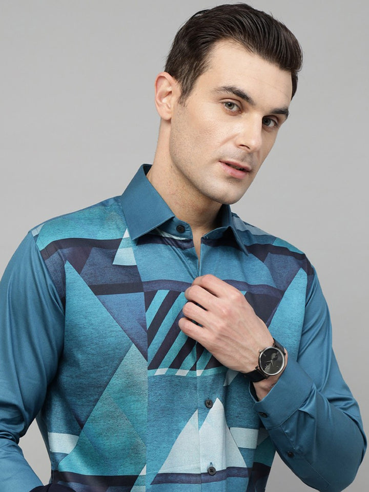 Men Turquoise Blue Graphical Printed Wrinkle Free Cotton Satin Slim Fit Party Shirt