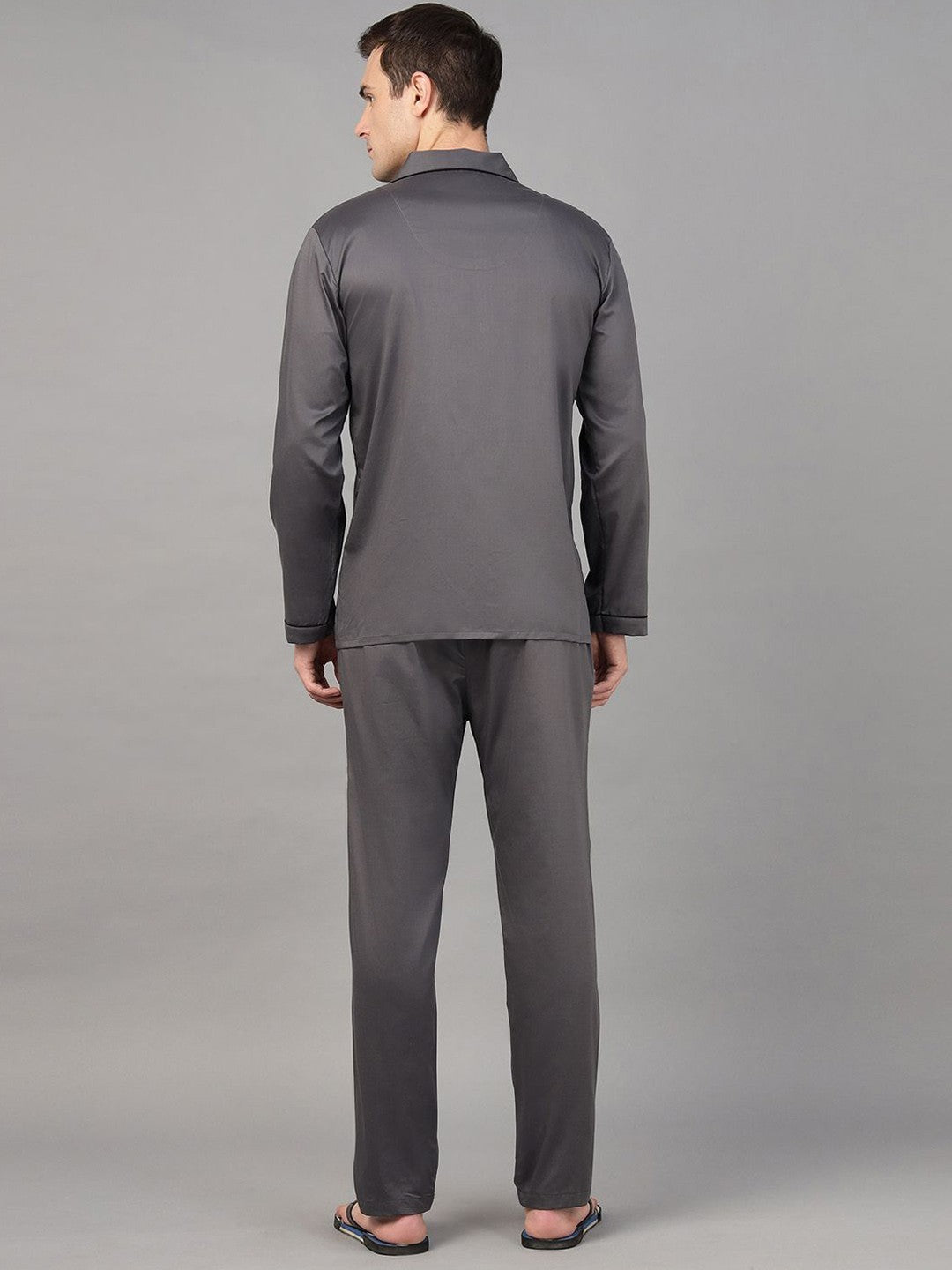 Hancock Men Dark Grey Solid Pure Cotton Relaxed Fit Night Wear Night Suit