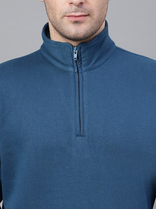 Men Turquoise Blue Solid Half Zipper Long Sleeves Fleece Sweatshirt