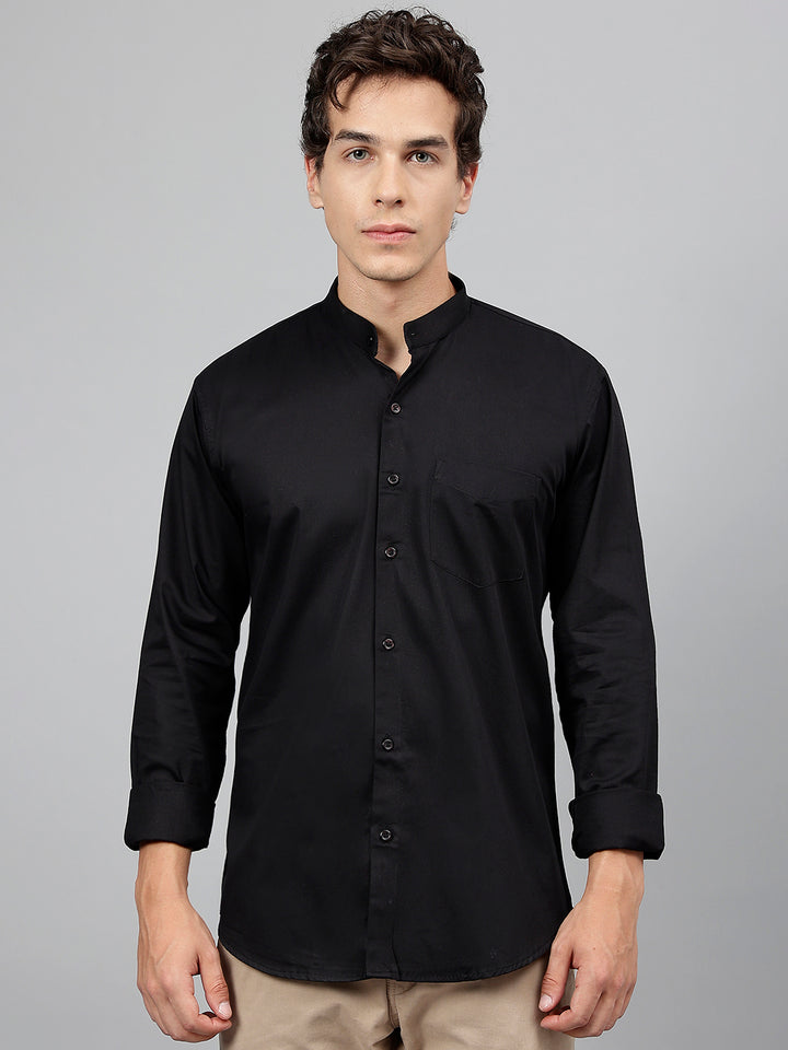 Men Black Solid Pure Cotton Mandarin Collar Slim Fit Casual Shirt