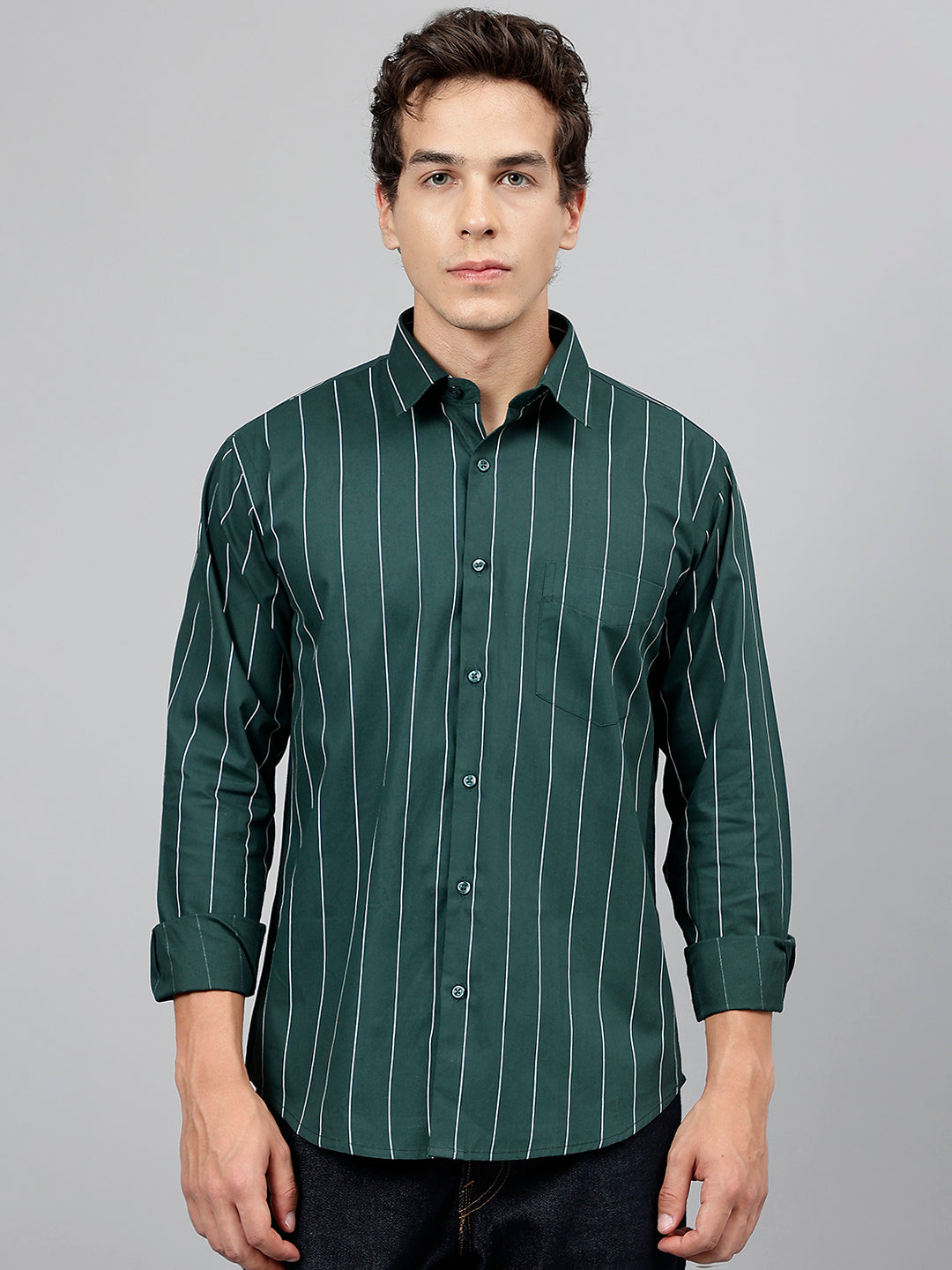 Men Bottle Green Striped Pure Cotton Slim Fit Casual Shirt