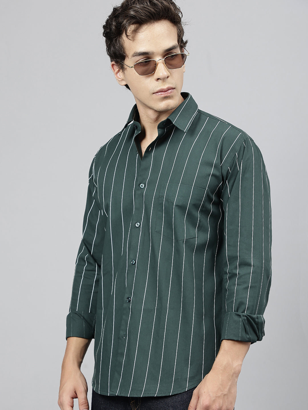 Men Bottle Green Striped Pure Cotton Slim Fit Casual Shirt