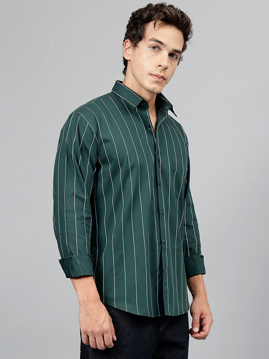 Men Bottle Green Striped Pure Cotton Slim Fit Casual Shirt