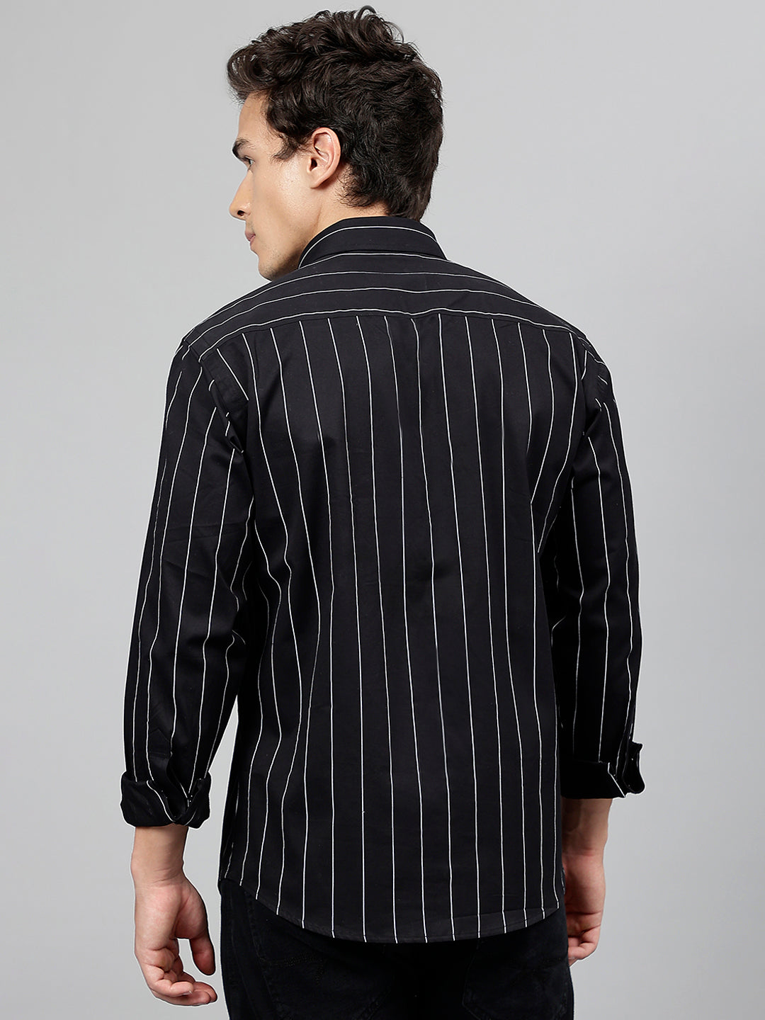 Men Black Striped Pure Cotton Slim Fit Casual Shirt
