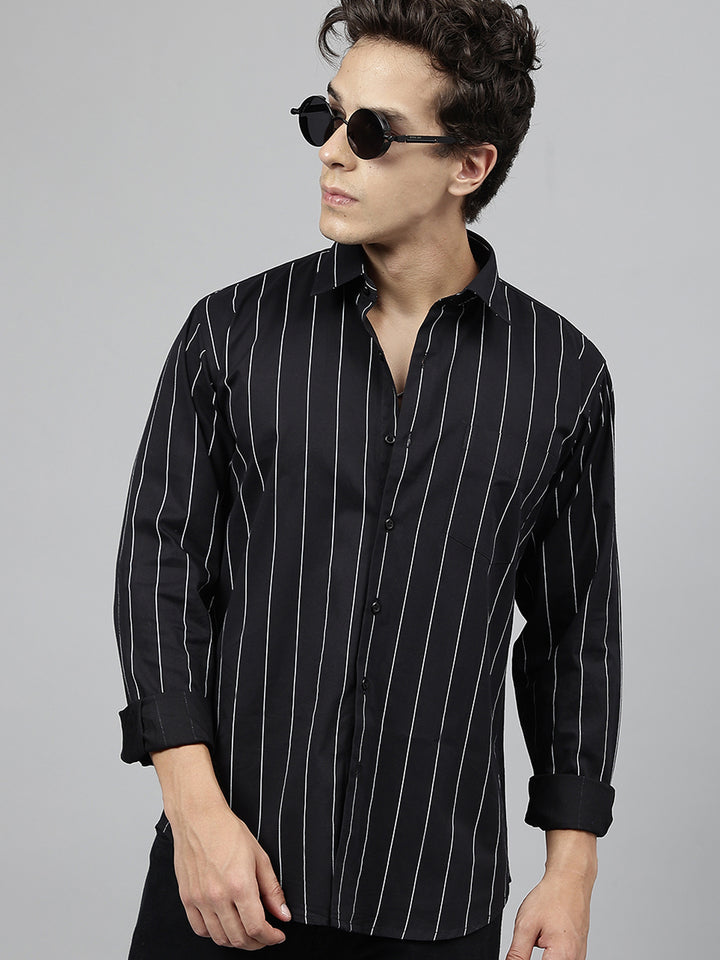 Men Black Striped Pure Cotton Slim Fit Casual Shirt