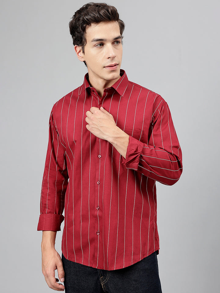 Men Maroon Striped Pure Cotton Slim Fit Casual Shirt