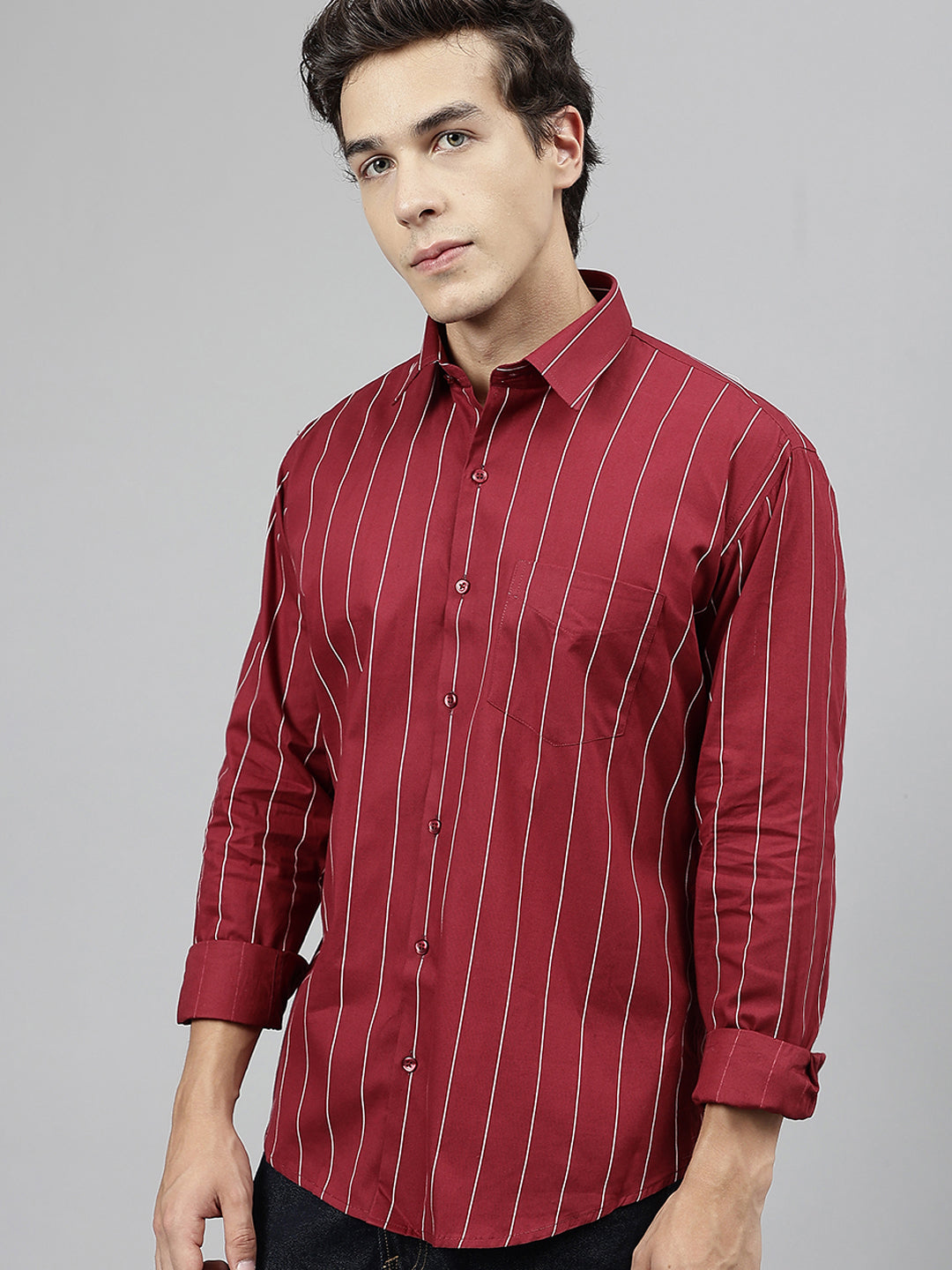 Men Maroon Striped Pure Cotton Slim Fit Casual Shirt