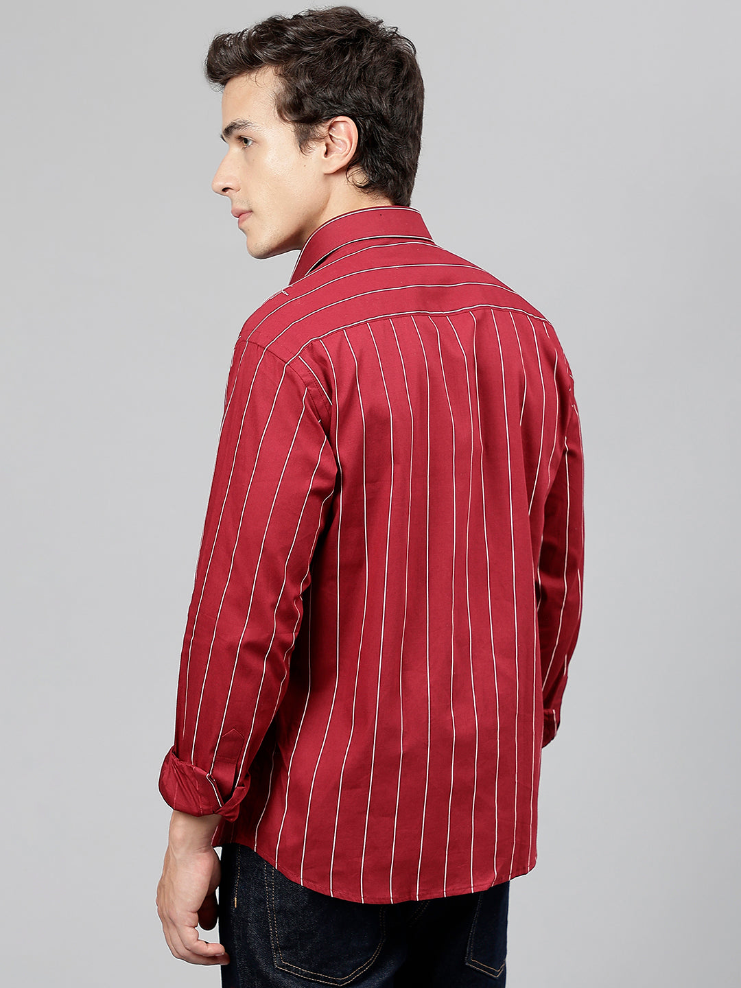 Men Maroon Striped Pure Cotton Slim Fit Casual Shirt