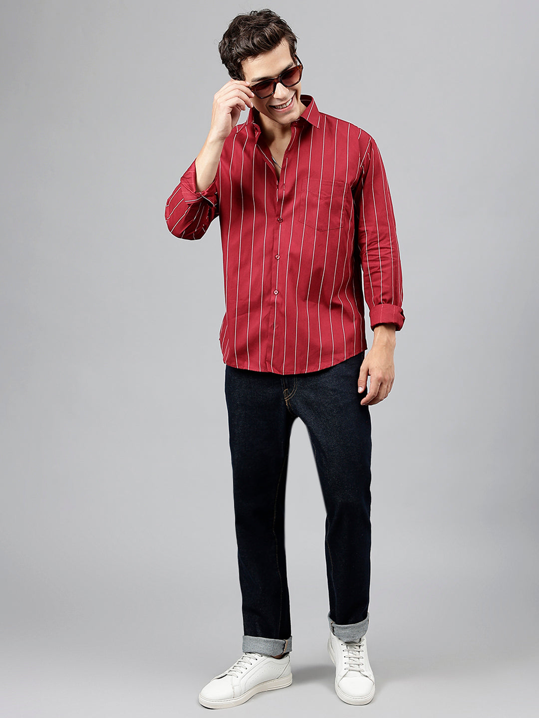 Men Maroon Striped Pure Cotton Slim Fit Casual Shirt