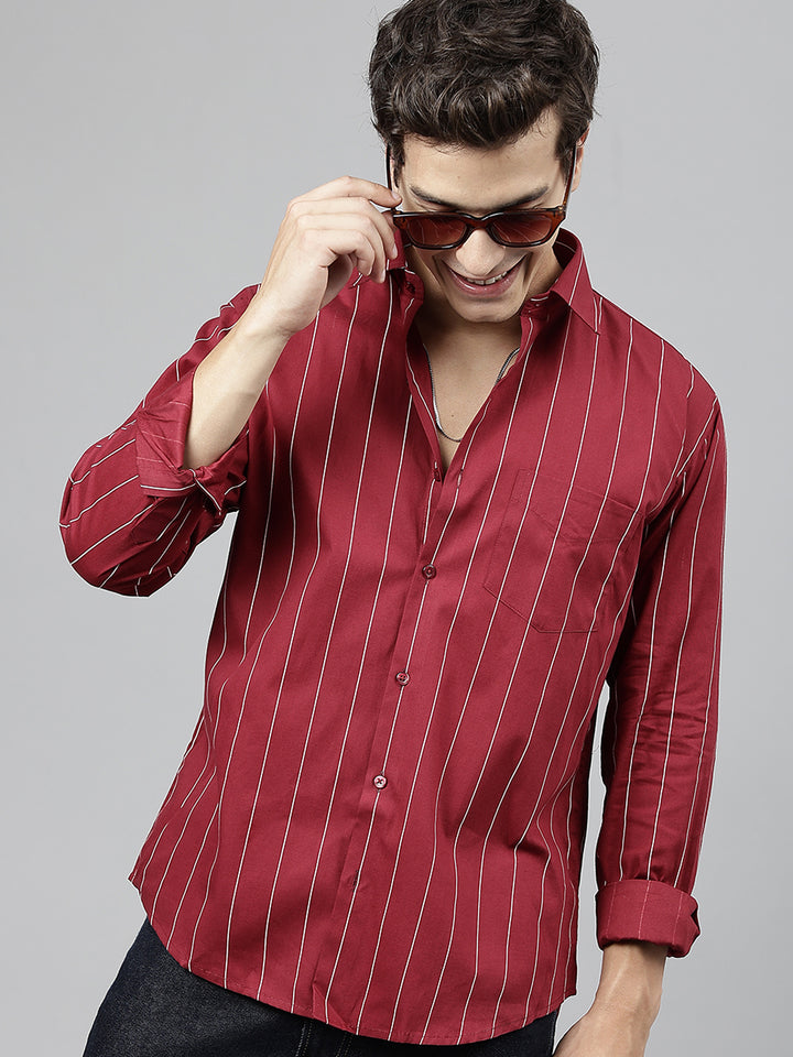 Men Maroon Striped Pure Cotton Slim Fit Casual Shirt