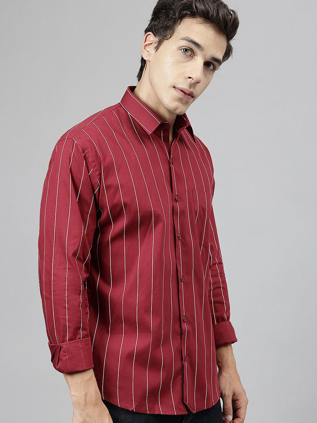 Men Maroon Striped Pure Cotton Slim Fit Casual Shirt