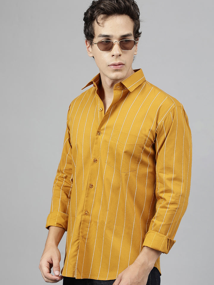 Men Mustard Striped Pure Cotton Slim Fit Casual Shirt