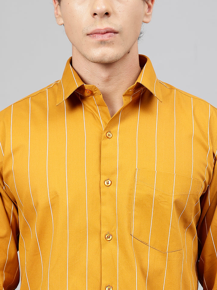 Men Mustard Striped Pure Cotton Slim Fit Casual Shirt