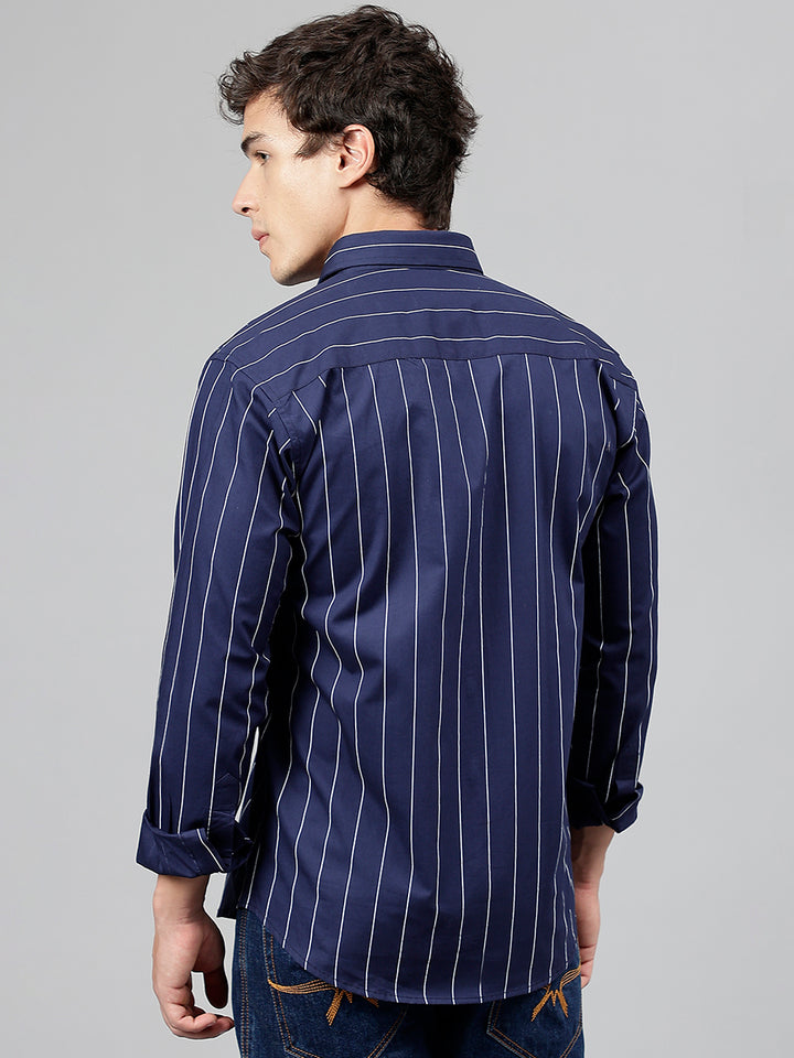 Men Navy Blue Striped Pure Cotton Slim Fit Casual Shirt