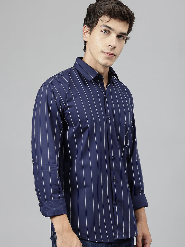 Men Navy Blue Striped Pure Cotton Slim Fit Casual Shirt