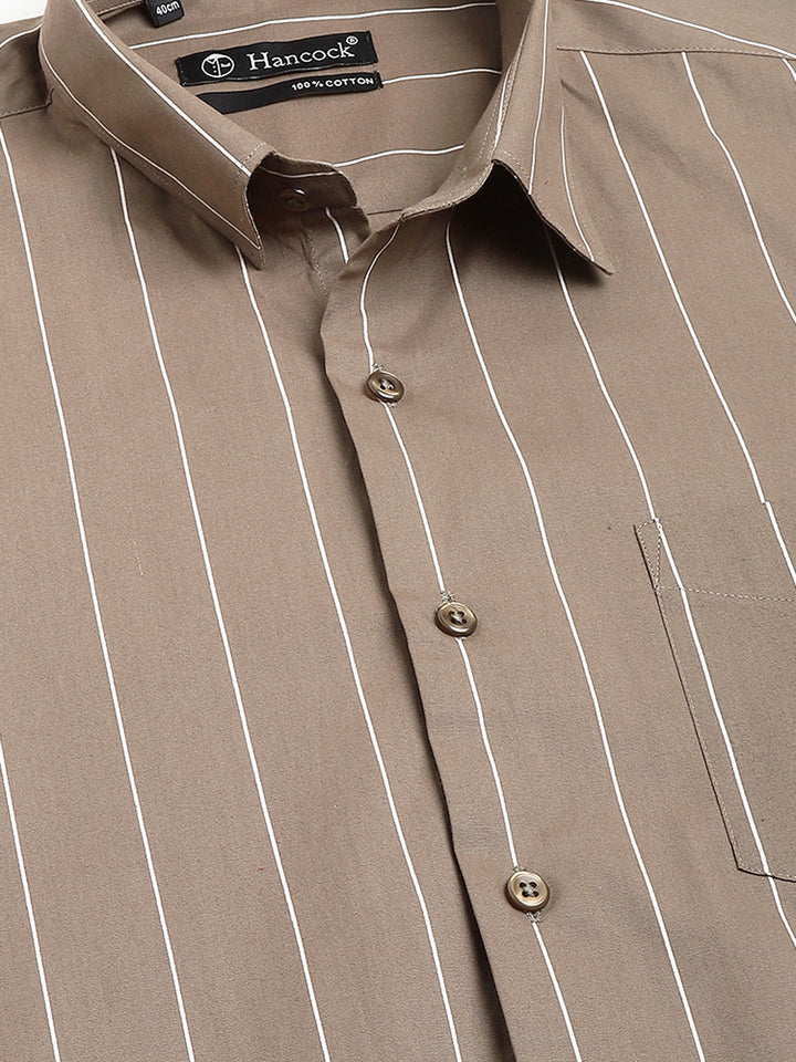 Men Olive Striped Pure Cotton Slim Fit Casual Shirt