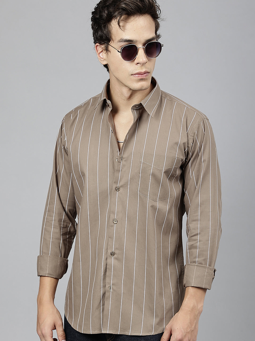 Men Olive Striped Pure Cotton Slim Fit Casual Shirt