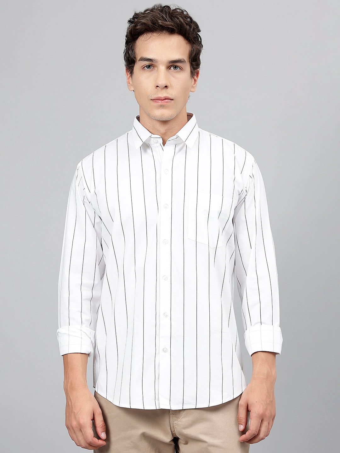 Men White Striped Pure Cotton Slim Fit Casual Shirt