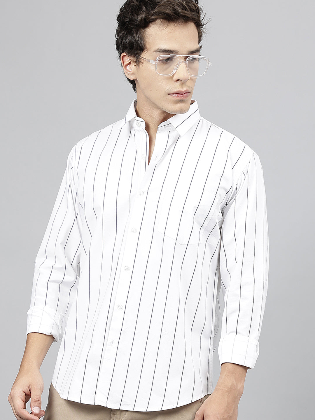 Men White Striped Pure Cotton Slim Fit Casual Shirt