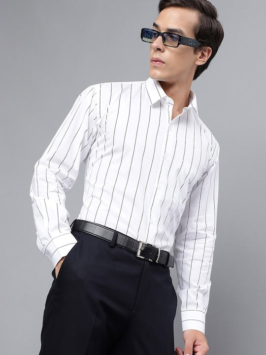 Men White Pure Cotton Striped Slim Fit Formal Shirt