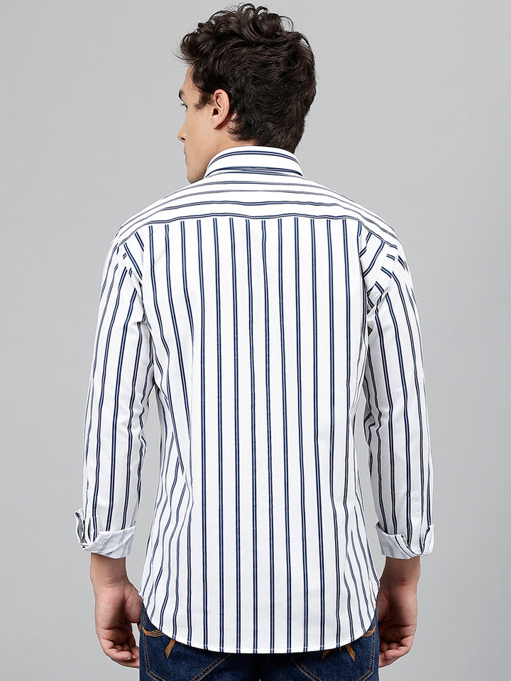 Men White & Navy Blue Striped Pure Cotton Slim Fit Casual Shirt