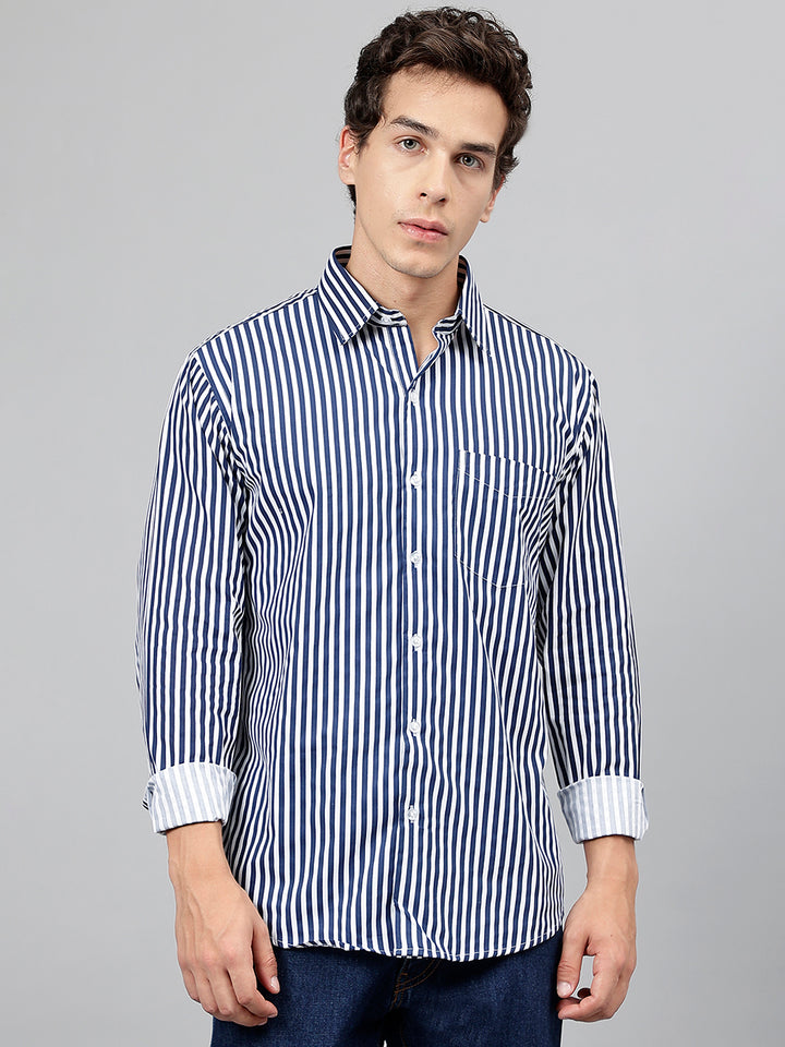 Men White & Navy Blue Striped Pure Cotton Slim Fit Casual Shirt