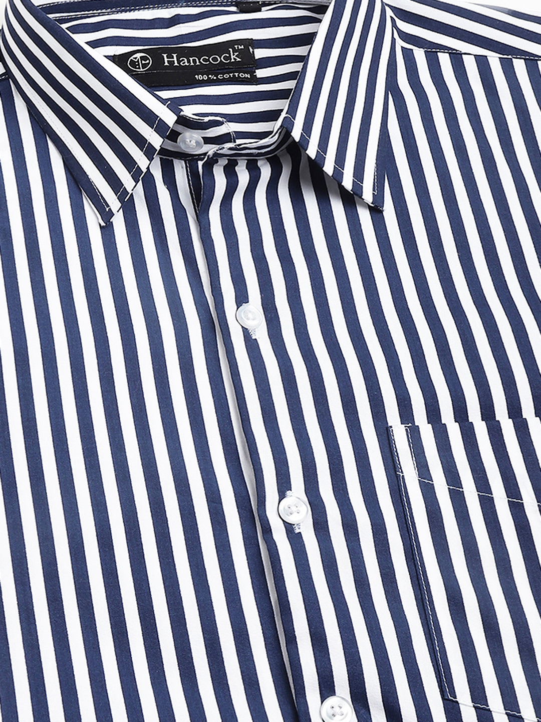 Men White & Navy Blue Striped Pure Cotton Slim Fit Casual Shirt