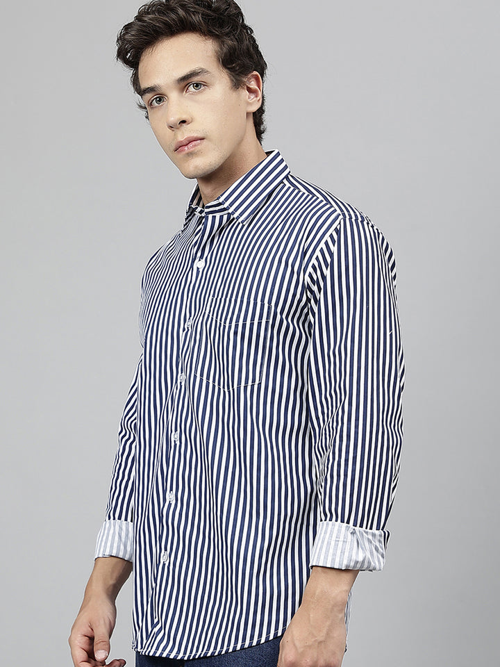 Men White & Navy Blue Striped Pure Cotton Slim Fit Casual Shirt