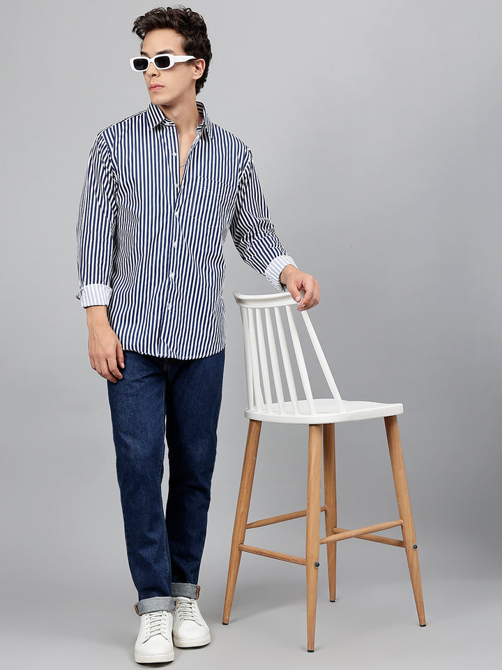 Men White & Navy Blue Striped Pure Cotton Slim Fit Casual Shirt